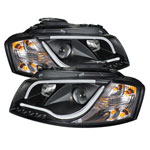 Spyder Audi A3 DRL LED Projector Headlights - Black - (PRO-YD-AA306-LTDRL-BK); 2006-2008