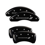 MGP 4 Caliper Covers Engraved Front & Rear With stripes/Dodge Black finish silver ch; 2013-2016