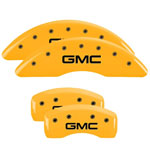 MGP 4 Caliper Covers Engraved Front & Rear GMC Yellow finish black ch; 2011-2016