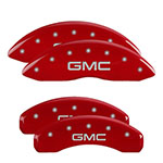 MGP 4 Caliper Covers Engraved Front & Rear GMC Red finish Silver GMC Sierra; 2014-2018