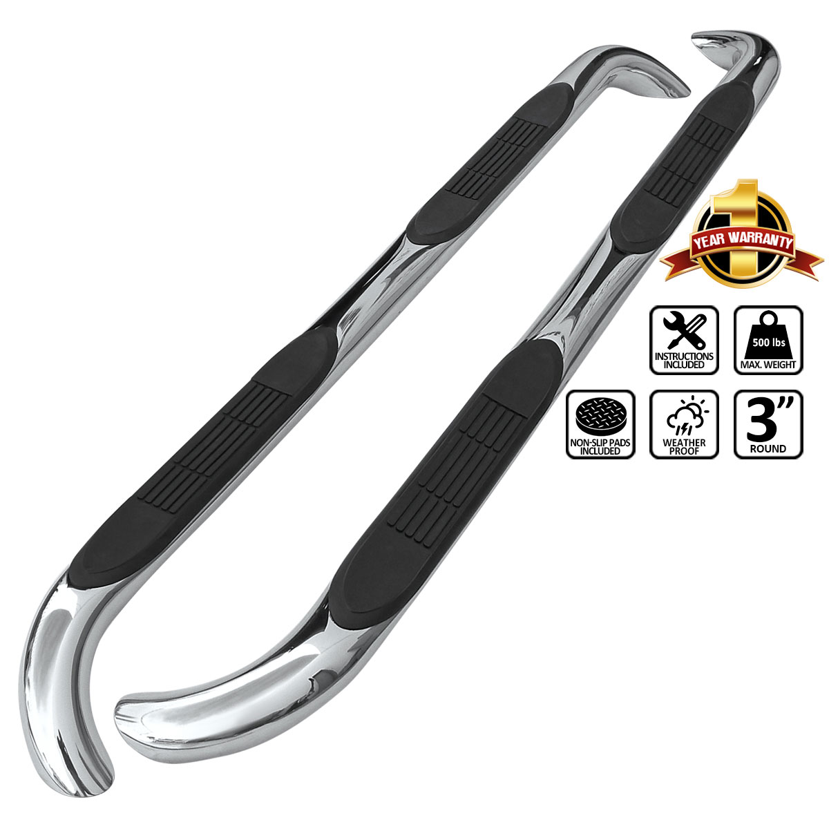 Spec-D Tuning ssb3-bw16398s2-wb | SPEC-D Tuning Mercedes Ml 3 Inch Round Stainless Finish Side Step Bars; 1998-2005