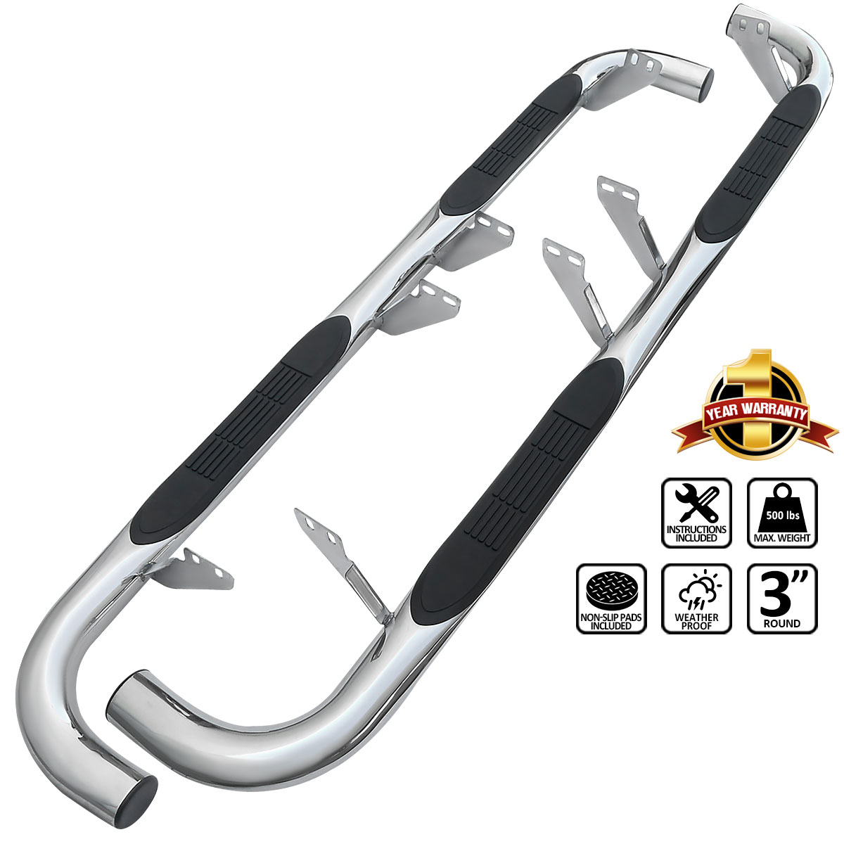 Spec-D Tuning ssb3-h203s2-wb | SPEC-D Tuning Hummer H2 3 Inches Round Side Step Bar Chrome; 2003-2010